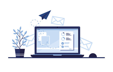 Vector banner illustration of email marketing. Workplace at home, in the office. Laptop. Paper airplane. Completed application form for the site. Filling out documents. Monitor screen. Blue. Eps 10