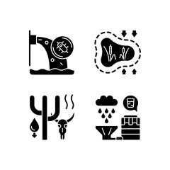 Wall Mural - Worldwide rising water demand black glyph icons set on white space. Water contamination. Disappearing wetlands. Animals extinction. Rainwater recycle. Silhouette symbols. Vector isolated illustration