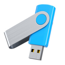 Portable Blue USB Flash Drive Stick For Workspace Isolated On White Background