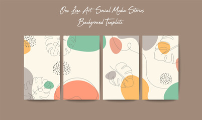 Social media stories template in grid puzzle style with one line art background