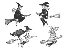 Witch Fly On A Broom Collection Set Line Art Sketch Engraving Vector Illustration. T-shirt Apparel Print Design. Scratch Board Imitation. Black And White Hand Drawn Image.