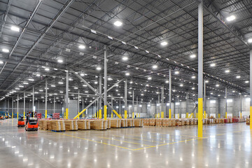interior of large warehouse industrial building with parked forklifts, shipping containers, and crat
