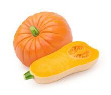 Vegetable Composition With Whole And Halved Pumpkins Isolated On A White Background.