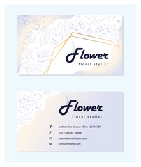 Vector  business card template with leaf, gold, and a sky blue gradient for a floral stylist, flower shop