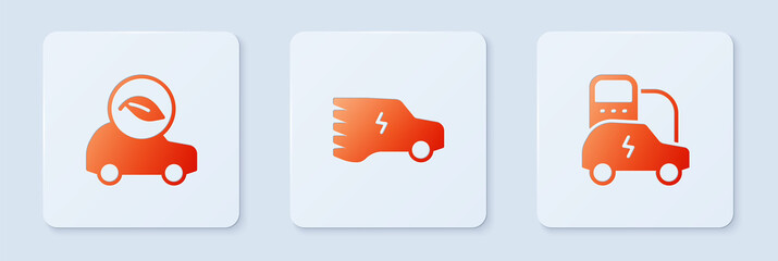 Sticker - Set Electric car, Eco and . White square button. Vector