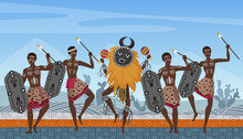 African People Dance On Traditional Ethnic Pattern Ornament In Africa Vector Illustration. Cartoon Aborigine Warrior And Shaman Tribal Dancers Characters Dancing Ethnic Native Dances Background