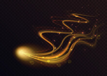 Golden Flying Star Light Effect, Curve Trail Lines Shine And Glow Vector Illustration. Abstract Magic Fantasy Gold Waves Fly, Glowing Tail Of Stardust With Bokeh And Sparkle Particles Background