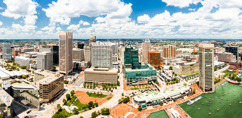 Fototapete - Aerial panorama of Baltimore Inner Harbor and skyline. Baltimore is the most populous city in the U.S. state of Maryland