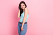Photo of sexy lady touch hair wear blue top jeans isolated on pink color background