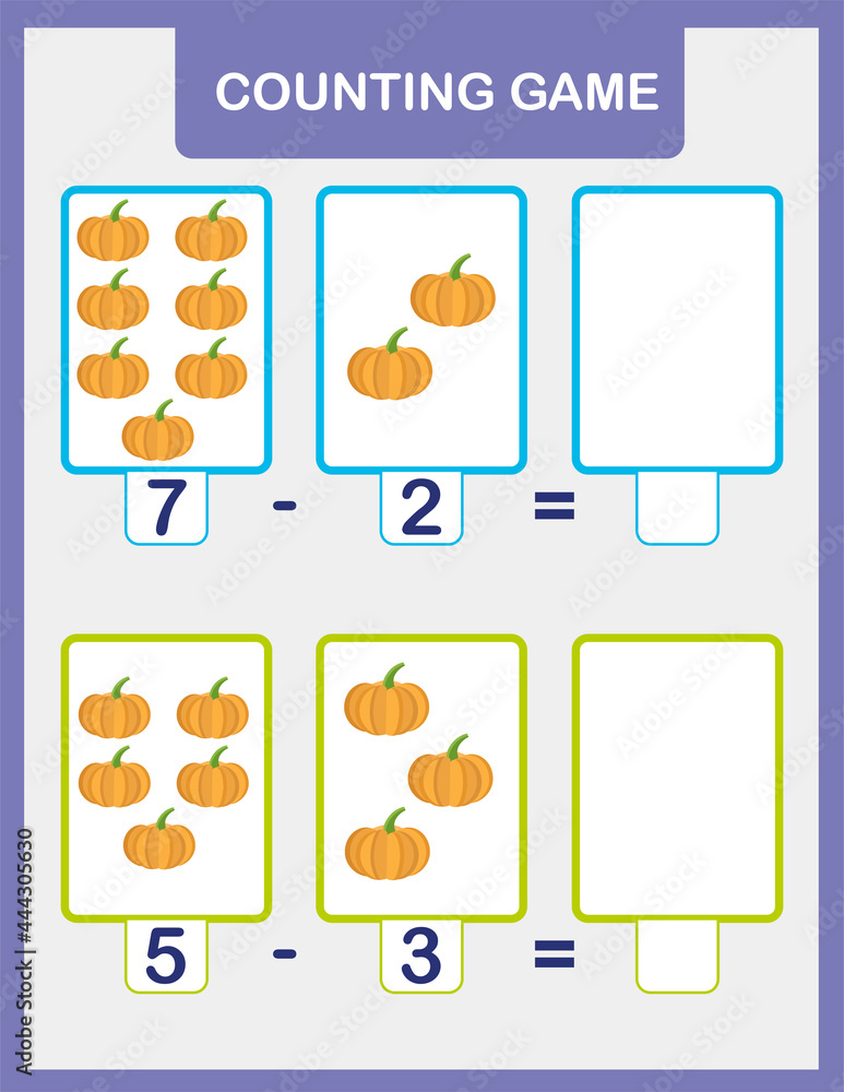 Math addition activity for preschool children. Printable simple
