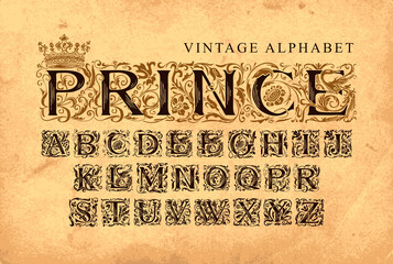 Wall Mural - The word PRINCE decorated with crown. Vector set of hand-drawn initial letters on an old paper background. Vintage Alphabet. Luxury design of Beautiful ornate font for card, invitation, monogram,label
