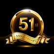 51 years golden anniversary logo celebration with ring and ribbon.