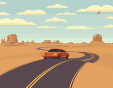 Vector Landscape With A Highway And A Single Passing Car In The Desert With Mountains And Clouds In The Sky. Colored Cartoon Illustration With A Barren American Scenery And An Endless Winding Road