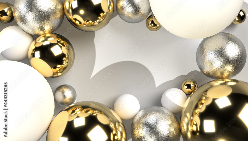 3D realistic christmas balls with white, silver and gold accent, copy space for text in the middle, seasonal spheres, festive decoration, luxury design - obrazy, fototapety, plakaty 