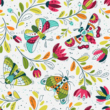 Fototapeta Pokój dzieciecy - Flock of funny birds and flower - Seamless pattern. Vector Loop pattern for fabric, textile, wallpaper, posters, gift wrapping paper, napkins, tablecloths. Print for kids, children. Children's pattern