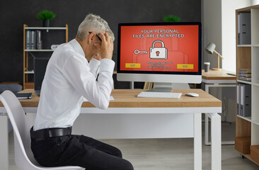 Sad unhappy upset desperate man gets unsafe 'Private key will be destroyed' padlock scam text message. Cybersecurity problem, ransomware virus, fraud, theft, leak, computer hacking, extortion concept