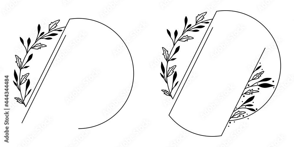 Okrągłe ramki z wzorem roślinnym w prostym minimalistycznym stylu. Eleganckie szablony z listkami - zaproszenia ślubne, życzenia, planer, tło dla social media stories. - obrazy, fototapety, plakaty 