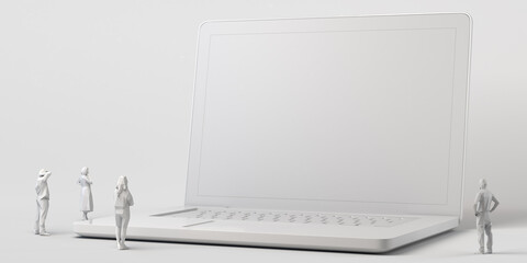 Mockup of laptop on white background and people watching.  3D illustration. Space to show product or service. 