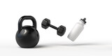 Fototapeta  - Background with dumbbells and bottle for drink. Sport and fitness after work. Exercise in the gym. Workout. 3d illustration.