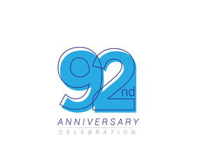 92nd anniversary blue colored vector design for birthday celebration, isolated on white background