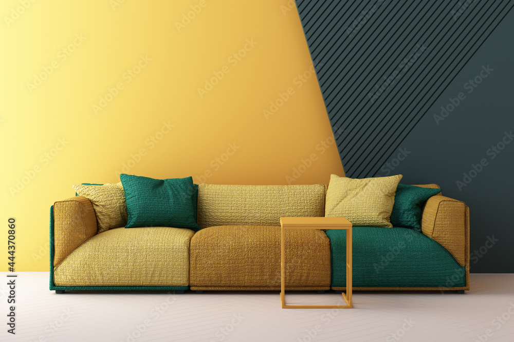 yellow and green color chairs, sofa, armchair in empty background. surrounding by geometric shape Concept of minimalism & installation art. 3d rendering mock up - obrazy, fototapety, plakaty 