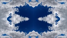 Creative 4k Time Lapse Video Of Moving Clouds With Reflection And Mirror Effect As In A Kaleidoscope With An Appearing Sign Of An Infinity Symbol. Mirrored Pattern Of Moving Clouds With Infinity Sign.