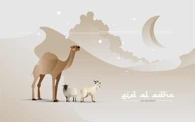 Wall Mural - Eid Al Adha Celebration of Muslim holiday the sacrifice a camel, sheep and goat, translated into English as Feast of the Sacrifice. can use for, landing page, template, ui, web, mobile app, poster