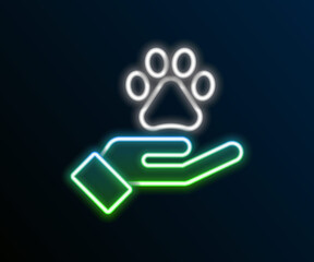 Poster - Glowing neon line Hands with animals footprint icon isolated on black background. Pet paw in heart. Love to the animals. Colorful outline concept. Vector