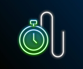 Poster - Glowing neon line Watch with a chain icon isolated on black background. Colorful outline concept. Vector