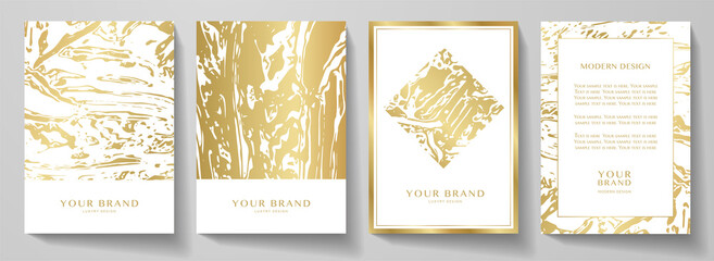 Wall Mural - Modern gold cover, frame design set. Creative fashionable background with golden abstract marble pattern. Elegant trendy vector for makeup catalog, brochure template, beauty booklet, restaurant menu