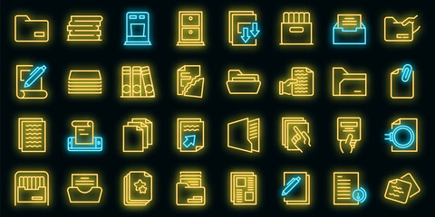 Wall Mural - Storage of documents icons set. Outline set of storage of documents vector icons neon color on black