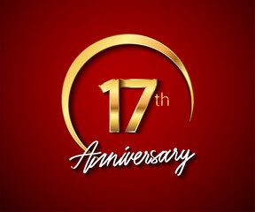 Poster - 17th anniversary golden color with circle ring isolated on red background for anniversary celebration event.