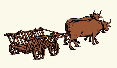  Empty cart drawn by oxen. Vector drawing