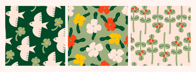 Wall Mural - abstract plants. simple various flowers and leaves, birds. set of three hand drawn colored vector se