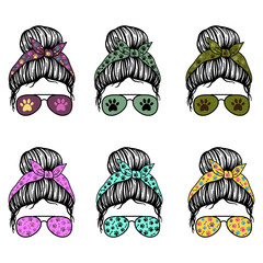 Dog mom. Women with aviator glasses, bandana and dog paw print. Messy Bun Mom Lifestyle. Vector illustration. Isolated on white background. Good for posters, t shirts, postcards.