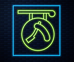 Sticker - Glowing neon line Barbershop with razor icon isolated on brick wall background. Hairdresser logo or signboard. Vector