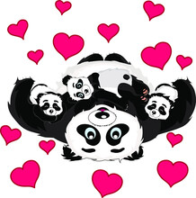 A Series Of Funny Pandas, A Happy Panda Mom Lies On Her Back And Holds Her Baby Bears On Her Hugging Her Arms, Isolated On A White Background 