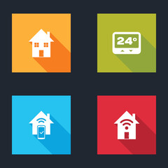 Sticker - Set House, Thermostat, Smart home remote control system and with wi-fi icon. Vector