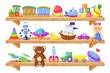 © Frogella.stock - Toys on shelves. Cartoon wooden store shelf with kids toys baby doll, train, robot, teddy bear, rocket. Children plastic toy vector set. Nursery room with colorful objects for child game
