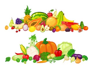 Fruit and vegetable piles. Apple kiwi cherry apple pepper, tomato pumpkin carrot cabbage. Fresh organic fruits and vegetables vector set. Tropical and exotic food, healthy lifestyle