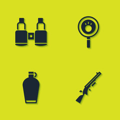 Canvas Print - Set Binoculars, Shotgun, Canteen water bottle and Paw search icon. Vector