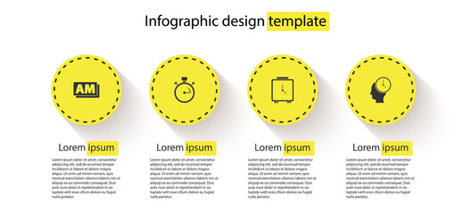 Sticker - Set Clock AM, Stopwatch, Alarm clock and Time Management. Business infographic template. Vector