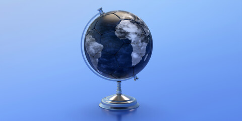 Wall Mural - Football soccer ball Globe planet Earth on blue background. 3d illustration