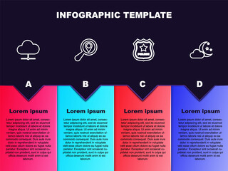 Sticker - Set line Network cloud connection, Search location, Police badge and Cloud with moon and stars. Business infographic template. Vector