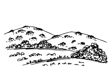 Simple hand-drawn vector black outline drawing. Hilly terrain, shrubbery, trees. Mountain landscape, nature. Countryside, grass. Ink sketch. For prints tourism and travel, country trip.