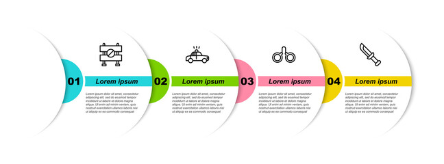 Sticker - Set line Road barrier, Police car and flasher, Handcuffs and Military knife. Business infographic template. Vector