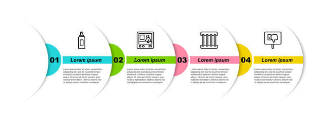 Sticker - Set line Paint spray can, Television report, Prison window and Protest. Business infographic template. Vector