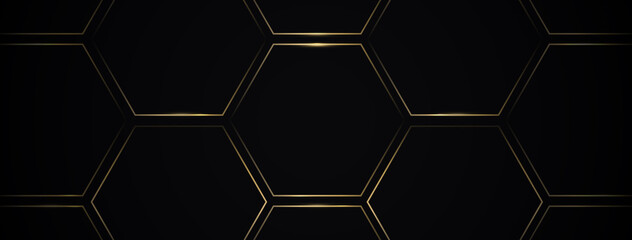 Wall Mural - Abstract Golden lines hexagon geometric pattern with a black background. Futuristic technology digital hi tech and luxury concept. Vector illustration