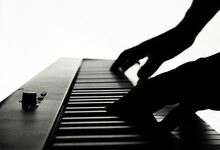 Side View, Hands Of The Pianist Musician Playing The Piano Keyboard At Home. Photography With White Background