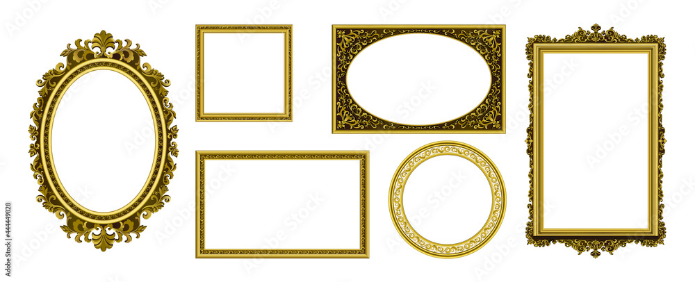 Golden picture frames. Vintage photo border. Antique royal museum decoration with luxury ornament. Isolated frameworks of gold. Premium furniture template. Vector interior elements set - obrazy, fototapety, plakaty 
